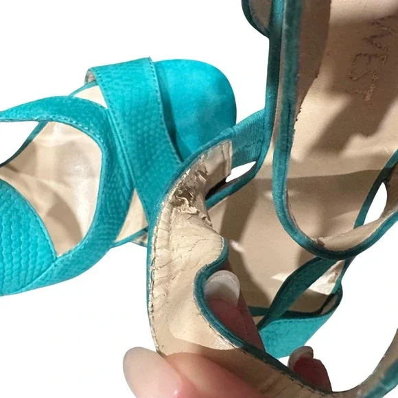 Nine West Teal Leather Strappy Stiletto Sandals Wood  Heel Womens 6M Open Toe - Picture 2 of 3